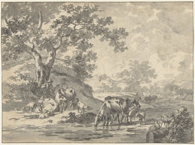 Paysage avec berger et bétail sous un arbre près de l