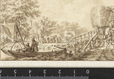 Paysage avec pêcheurs dans un bateau et charrette de foin sur un petit pont - Jacob  Cats