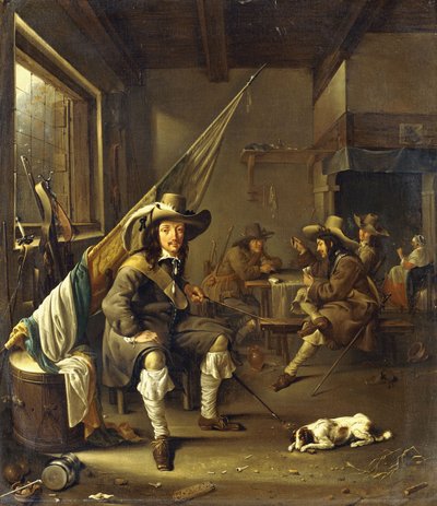 Un cavalier assis avec des soldats jouant aux cartes, 1655 - Jacob Duck