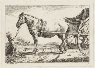 Cheval debout, attelé à une charrette - Jacob Elias van Varelen
