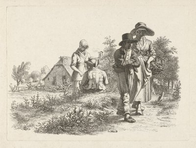 Femme aveugle et personnages conversant près d