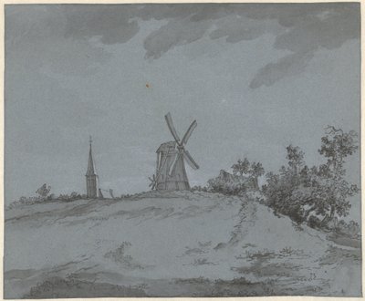 Paysage avec moulin à vent et église sur une colline - Jacob Ernst Marcus