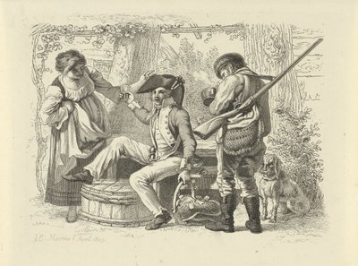 Soldat avec un verre levé entre une femme et un chasseur (Studie-prentwerk / Etudes gravées) - Jacob Ernst Marcus