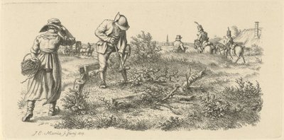Homme creusant, une femme avec un panier et des soldats à cheval (Études gravées) - Jacob Ernst Marcus