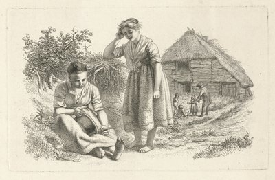 Deux femmes et un homme avec des enfants devant une grange - Jacob Ernst Marcus