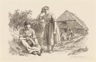 Deux femmes et un homme avec des enfants devant une grange (Études gravées) - Jacob Ernst Marcus