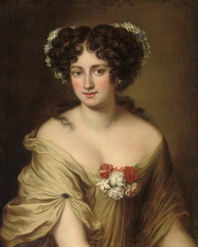 Portrait de la Comtesse Ortensia Ianni Stella, buste, en chemise ivoire, avec des fleurs dans les cheveux - Jacob Ferdinand Voet