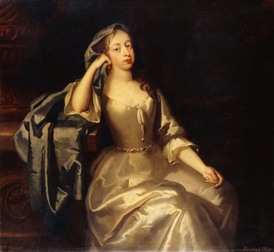 Portrait de Mme Tyrell, trois-quarts de longueur, en robe de satin blanc et châle bleu, son bras droit reposant sur un piédestal, un paysage au-delà - Jacob Huysmans