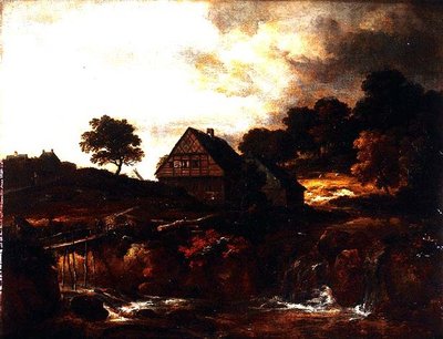 Paysage boisé avec paysan sur un pont au-dessus d
