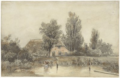 Ferme et une femme lavant - Jacob Jan van der Maaten
