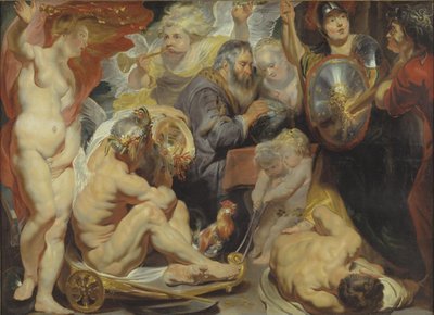 Allégorie sur la science. Minerve et Cronos protègent la science contre l