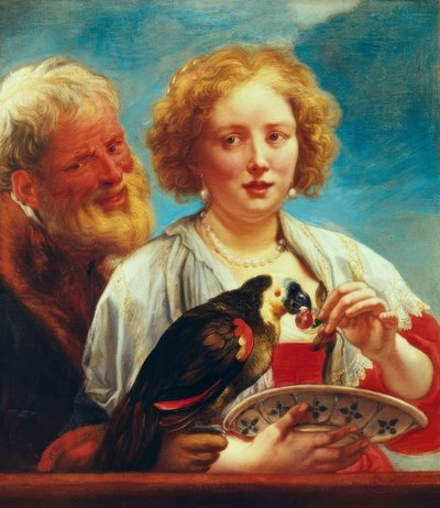 Une jeune femme avec un vieil homme et un perroquet - Jacob Jordaens