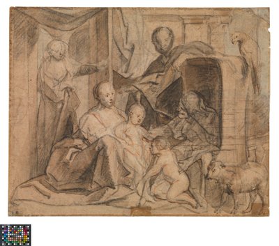 French : La Sainte Famille avec Elisabeth et le petit Jean (dos- porte, ouverture de la porte et Hermès)
Dutch : De Heilige Familie met Elisabeth en de kleine Johannes (keerzijde : Deur, deuropening en Hermes) - Jacob Jordaens
