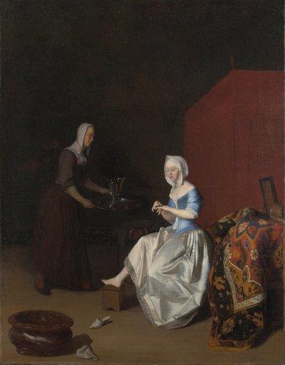 Une jeune femme se taillant les ongles, assistée par une servante, vers 1670 - Jacob Lucasz. Ochtervelt