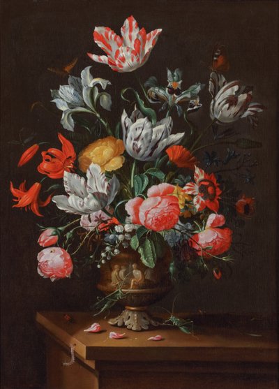 Tulipes et autres fleurs dans un vase baroque en grès peint sur un rebord en bois - Jacob Marrel