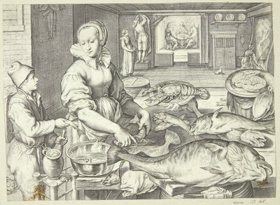 Scène de cuisine avec une cuisinière nettoyant du poisson - Jacob Matham