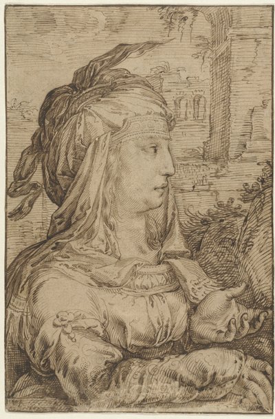 Femme en costume fantastique, de profil vers la droite - Jacob Matham