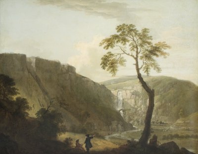 Paysage rocheux avec une cascade et un artiste assis au premier plan - Jacob More
