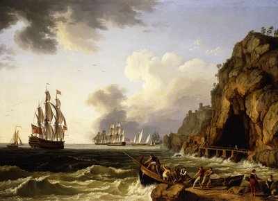 Vue de la Côte près de Naples avec un Trois-Ponts de la Royal Navy Britannique arborant le Drapeau d