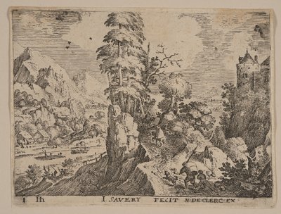 Chemin avec des voyageurs à droite de la rivière, extrait de Paysages - Jacob Savery I