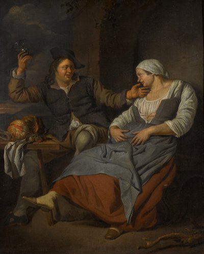 Un couple assis buvant du vin - Jacob Toorenvliet