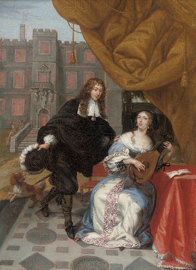 Un gentleman courtisant une dame faisant de la musique dans une cour, 1668 - Jacob de Fourmentrou