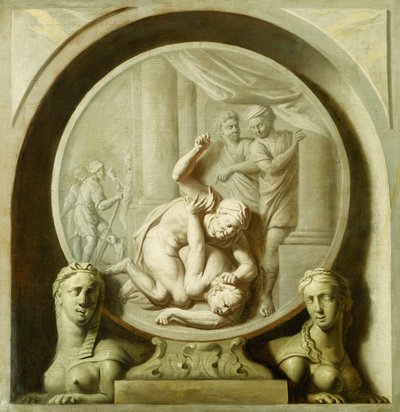 Un rond décoratif avec Ulysse combattant le mendiant, et avec des sphinx - Jacob de Wit