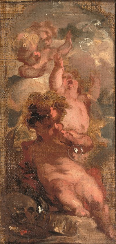 Allégorie de la Vanité : Quatre putti soufflant des bulles, un crâne, une palette d