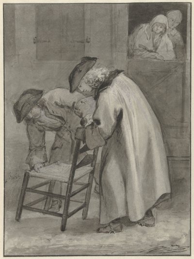 Deux hommes avec chapeau regardant une chaise en paille - Jacob de Wit