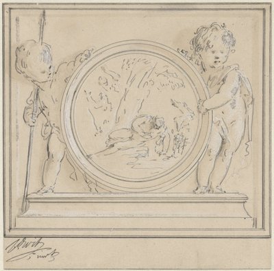 Deux putti avec médaillon, représentant Narcisse et Écho - Jacob de Wit