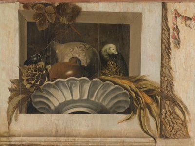 Nature morte avec un bol de maïs, artichauts, raisins et un perroquet - Jacob van Campen