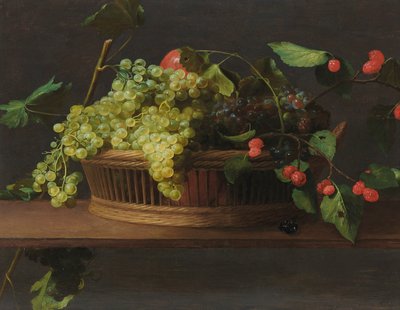 Un panier de raisins et de framboises sur une corniche - Jacob Van Es