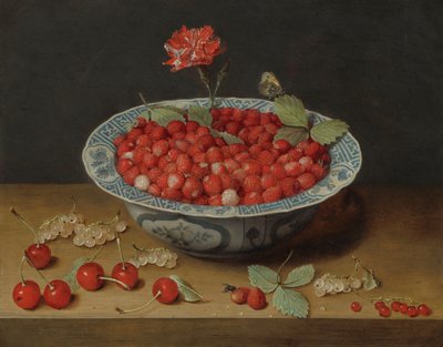Fraises des bois et un œillet dans un bol Wan-Li - Jacob van Hulsdonck