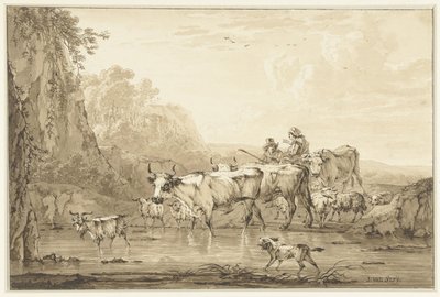 Berger et bergère avec bovins et moutons près d