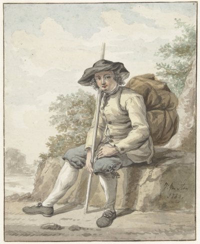 Homme assis avec un baluchon et un bâton - Jacob van Strij