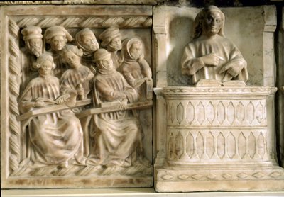 Monument funéraire de Carlo, Roberto et Riccardo da Saliceto : étudiants assistant à un cours (sculpture, vers 1403) - Jacobello and Pier Paolo dalle Masegne