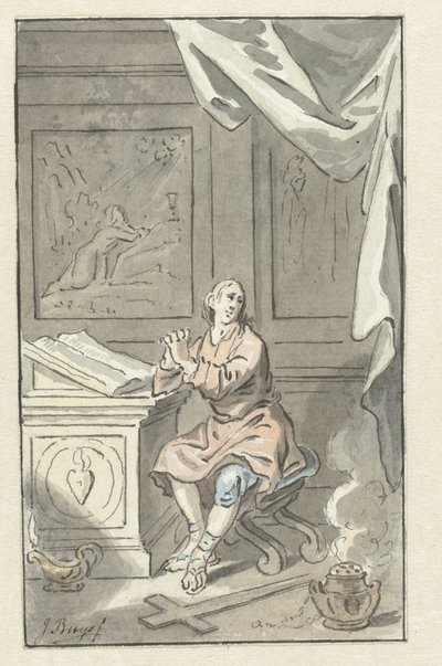 Homme assis avec les mains jointes, derrière une bible - Jacobus Buys