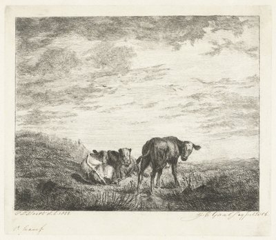 Trois veaux - Jacobus Cornelis Gaal (signed by artist)