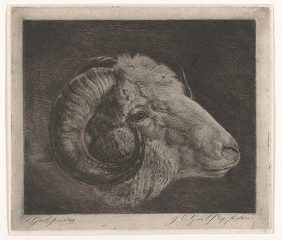 Tête de bélier avec corne courbée vers l