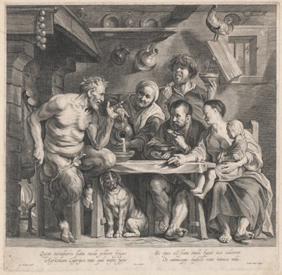 Un satyre rendant visite à une famille de paysans - Jacobus Neeffs, after Jacob Jordaens