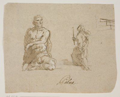 Homme agenouillé, fille avec une bougie montant des escaliers (la Vierge entrant dans le Temple), esquisse en perspective pour les escaliers - Jacopo Palma