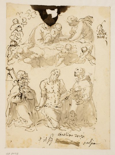 Saints Antoine, Jérôme et Bernardin à genoux, avec la Vierge et l