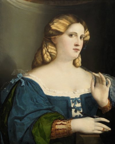 Jeune femme en robe bleue, avec éventail, 1512-1514 - Jacopo Palma il Vecchio the Elder
