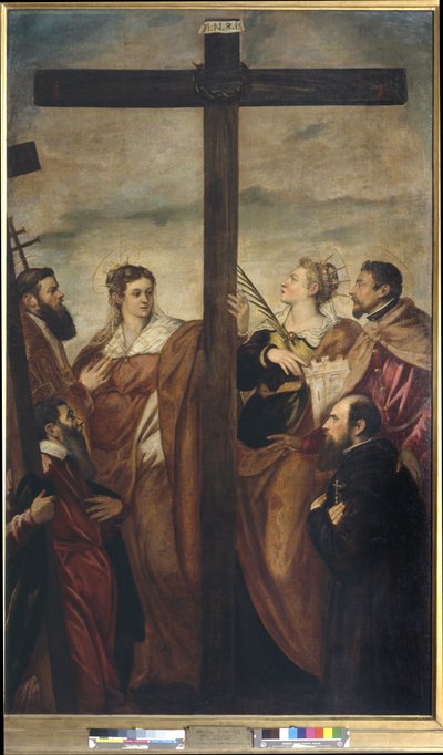 Les saints Hélène, Barbara, André, Macaire, un autre saint et un dévot adorent la Croix, vers 1560 - Jacopo Robusti Tintoretto