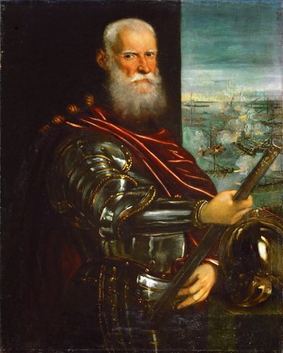 Sebastiano Venier (1496-1578), avec la bataille de Lépante en arrière-plan - Jacopo Robusti Tintoretto