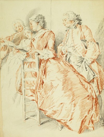 Une fête musicale : un flûtiste et deux dames tenant un livre de chansons, un gentleman derrière - Jacqes Andre Portail