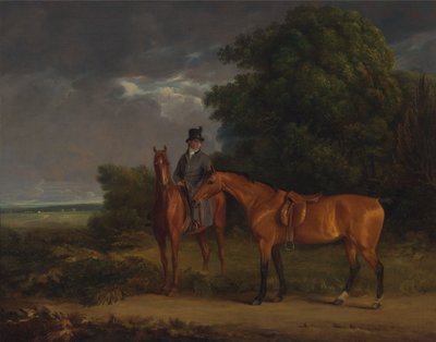 Un palefrenier monté sur un chasseur alezan, il tient un chasseur bai par les rênes - Jacques-Laurent Agasse