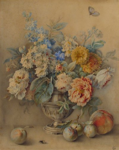 Fleurs dans un Caster en Argent, Fruits au Premier Plan - Jacques André Portail