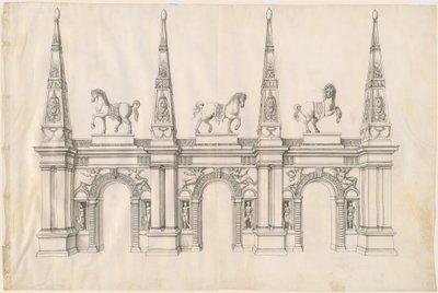 Un arc de triomphe avec des chevaux caparaçonnés et des pinacles ornés - Jacques Androuet Ducerceau I