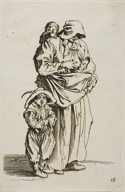 Une mère avec ses trois enfants, planche 18 des Mendiants - Jacques Callot